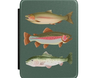 Custodia per Kindle con tre trote iridee / Illustrazione di pesci / Copertina per eReader a tema pesca / Vita sul lago / Regalo per lui / Regalo per lei / Regalo per la festa del papà