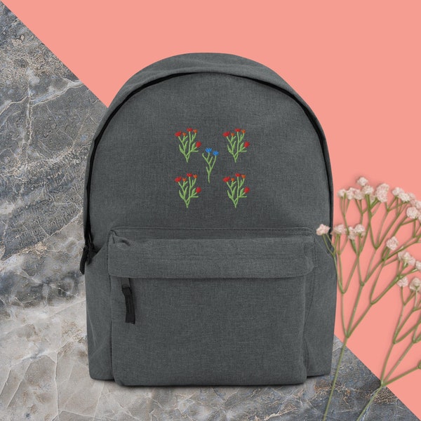 Flower Embroidered Backpack //Black Gray Floral Embroidery