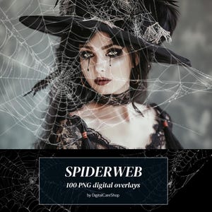 May include: A woman wearing a black witch hat and a black lace dress is surrounded by a spiderweb. The image is titled "Spiderweb 100 PNG digital overlays" by DigitalCareShop.