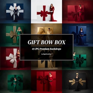 Op de afbeelding: Een collage van zwangerschapsportretten met vrouwen in elegante jurken die poseren voor grote cadeau dozen met strikken. De dozen zijn in verschillende kleuren, waaronder blauw, rood, groen en goud. De tekst "GIFT BOW BOX" en "45 JPG Premium Backdrops" wordt weergegeven.