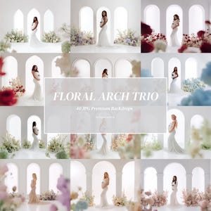 May include: A collection of 40 digital photography backdrops titled FLORAL ARCH TRIO, featuring various scenes of individuals in long gowns standing before white architectural arches decorated with assorted floral arrangements.