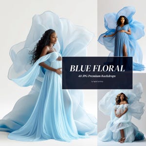 Könnte beinhalten: Ein zusammengesetztes Bild, das drei Frauen in fließenden, hellblauen Umstandskleidern zeigt. Die Kleider haben schulterfreie Designs und drapierten Stoff. Der Text "BLUE FLORAL" und "40 JPG Premium Backdrops" ist enthalten.