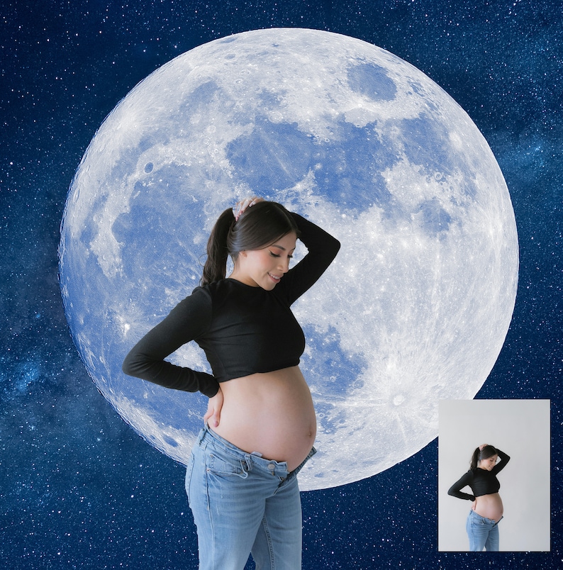 May include: A person expecting a baby, wearing a black crop top and blue jeans, posing in front of a large, bright blue moon against a starry night sky. A smaller version of the image is in the bottom right corner.