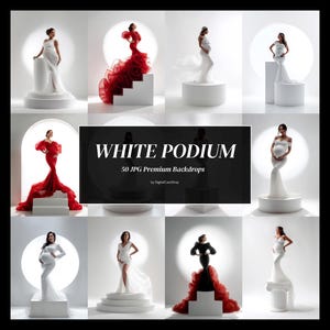 May include: A collection of 50 digital photography backdrops featuring pregnant individuals in gowns posing on white podiums and pedestals. The central text reads WHITE PODIUM 50 JPG Premium Backdrops by DigitalCareShop against a dark background.
