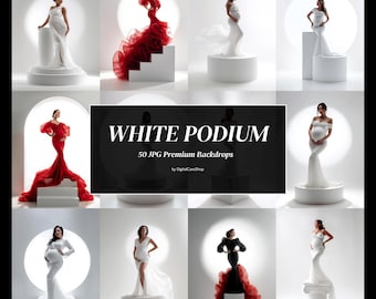 May include: A collection of 50 digital photography backdrops featuring pregnant individuals in gowns posing on white podiums and pedestals. The central text reads WHITE PODIUM 50 JPG Premium Backdrops by DigitalCareShop against a dark background.