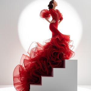 May include: A vibrant red gown with a flowing skirt and ruffled details. The dress features a fitted bodice and dramatic, layered skirt. The model is standing on a white staircase, with the dress cascading down the steps. The sleeves have a unique, puffy design.