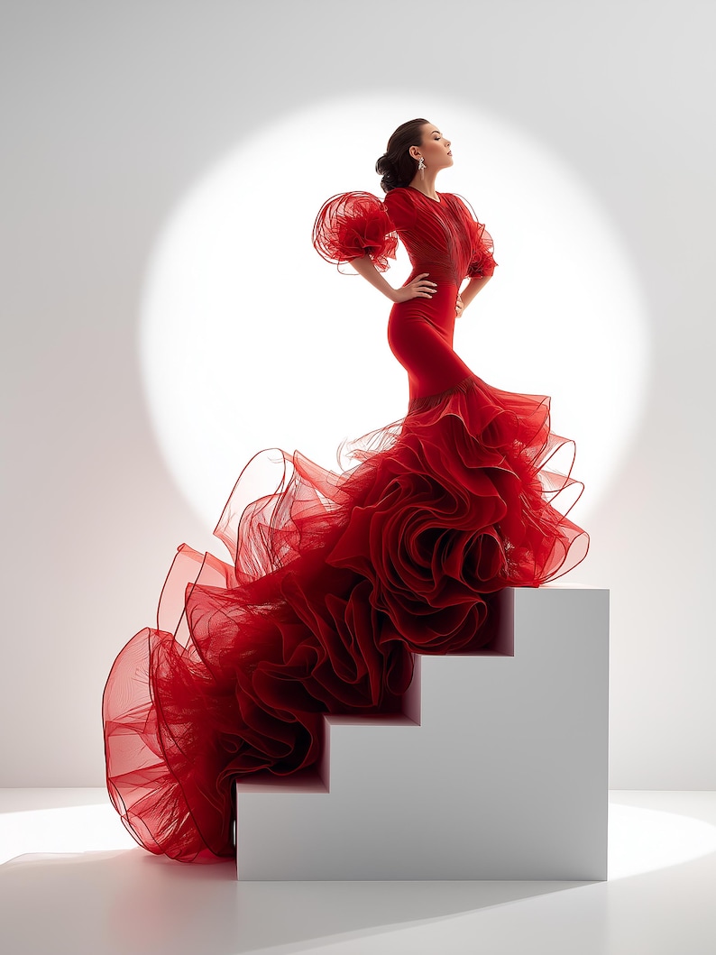 May include: A vibrant red gown with a flowing skirt and ruffled details. The dress features a fitted bodice and dramatic, layered skirt. The model is standing on a white staircase, with the dress cascading down the steps. The sleeves have a unique, puffy design.