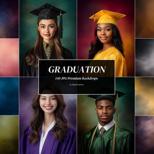 Peut inclure: Une collection de 140 arrière-plans numériques de remise de diplômes avec divers dégradés de couleurs abstraits et des portraits de personnes en toge. Le texte central indique GRADUATION 140 JPG Premium Backdrops by DigitalCareShop.