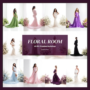 Könnte beinhalten: Eine Collage von neun Bildern, die schwangere Personen in fließenden Kleidern zeigen. Die Kleider sind in verschiedenen Farben gehalten, darunter Grün, Rosa, Weiß, Lila und Blau. Der Text "FLORAL ROOM" wird in der Mitte zusammen mit "40 JPG Premium Backdrops" angezeigt.