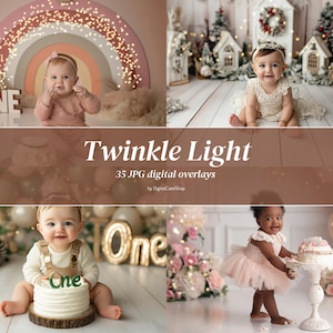 以下が含まれることがあります： キラキラ光る光と「Twinkle Light」というタイトルがついた、35枚のデジタルオーバーレイのセット。写真に魔法のタッチを加えるのに最適です。