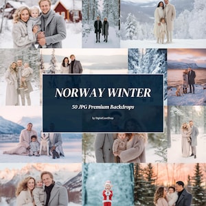 Puede incluir: Un collage de retratos familiares con temática invernal en paisajes nevados. Las imágenes muestran familias vestidas con abrigos y suéteres de invierno. El texto sobre un fondo azul oscuro dice "NORWAY WINTER" y "50 JPG Premium Backdrops".