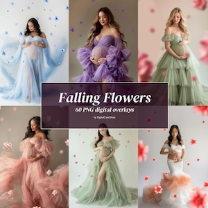 Peut inclure: Un ensemble de 60 superpositions numériques représentant des fleurs tombantes de différentes couleurs. Les superpositions sont au format PNG et peuvent être utilisées pour ajouter une touche de fantaisie aux photos.