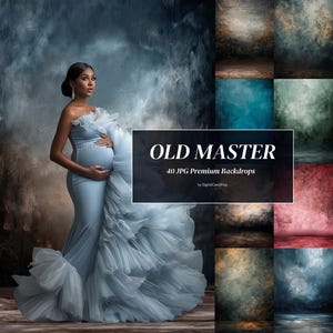 May include: A person in a light blue gown with a ruffled train, posing in front of a dark, textured backdrop. The image includes a selection of 40 JPG premium backdrops with various artistic styles, with the text "OLD MASTER".