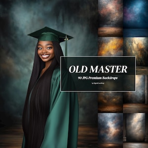 Puede incluir: Una persona joven con una toga y un birrete de graduación verdes se encuentra frente a un collage de 90 fondos digitales. El texto "OLD MASTER 90 JPG Premium Backdrops by DigitalCareShop" se muestra en el collage.