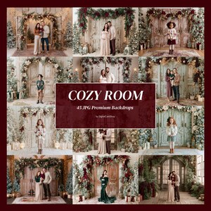 Puede incluir: Una colección digital de 45 fondos JPG premium titulada COZY ROOM de DigitalCareShop, que presenta varias escenas navideñas de interior con puertas de madera decoradas, guirnaldas, árboles de Navidad y familias posando con ropa festiva.