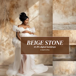 Pode incluir: Uma mulher com um vestido de tule branco posa em frente a um cenário de parede de pedra bege. O cenário é um download digital e inclui 30 imagens diferentes. O texto "BEIGE STONE 30 JPG digital backdrops by DigitalCareShop" é exibido na imagem.