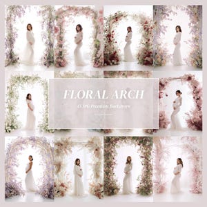 Könnte beinhalten: Eine Sammlung von 45 digitalen Hintergründen mit schwangeren Personen in weißen Kleidern, die unter verschiedenen Blumenbögen stehen. Der zentrale Text lautet FLORAL ARCH 45 JPG Premium Backdrops. Die Bilder zeigen diverse Blumenarrangements.