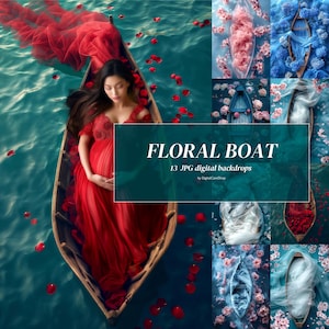 May include: A digital backdrop set featuring 13 images of floral arrangements in boats on a blue water background. The set is titled "Floral Boat" and includes 13 JPG digital backdrops by DigitalCaveShop.