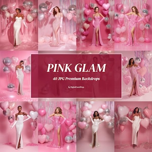May include: A series of images showcasing women in glamorous gowns, posing with balloons against a pink background. The text "PINK GLAM" is displayed, along with "40 JPG Premium Backdrops" and the seller's name.