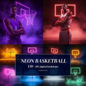 134 Neon Basketball Digital Backdrops for Sports Photoshop Stadium School Background Senior Portrait Overlays Smoke Glow Light Effects JPG