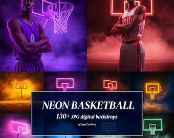 Fundos digitais de basquete neon: sobreposições para fotografia esportiva (JPG)
