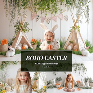 May include: A set of 40 digital backdrops featuring a boho Easter theme. The backdrops include a white wooden background with green vines, teepees, and Easter eggs. The backdrops are perfect for photographers and crafters.