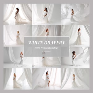 Può includere: Una collezione di 45 sfondi digitali per fotografia con drappeggi bianchi e tessuto fluido. Il testo centrale recita WHITE DRAPERY 45 JPG Premium Backdrops. Ogni immagine mostra una persona con un lungo abito bianco tra tende bianche.