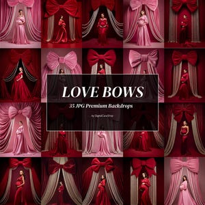 May include: A collage of images featuring pregnant people in elegant gowns, posing in front of large bow-shaped backdrops. The color palette includes shades of red and pink, with pearl accents and draped curtains. Text reads "LOVE BOWS" and "35 JPG Premium Backdrops".