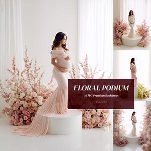 45 White Backlit Flower Podium Backgrounds, Spring Pregnancy Studio, Elegant Photo Backdrops JPG