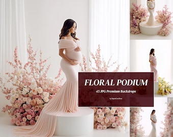 45 White Backlit Flower Podium Backgrounds, Spring Pregnancy Studio, Elegant Photo Backdrops JPG