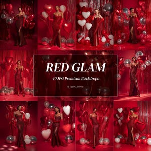 Pode incluir: Uma colagem de imagens com mulheres em vestidos vermelhos posando com balões em forma de coração e prateados. O fundo é um cenário vermelho com serpentinas metálicas. O texto na imagem diz "RED GLAM" e "40 JPG Premium Backdrops".