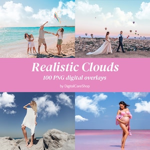 Könnte beinhalten: Eine Sammlung von 100 realistischen Wolken-PNG-Overlays für digitales Design. Die Bilder zeigen verschiedene Wolkenformationen vor blauem Himmel. Der Text "Realistic Clouds" und "100 PNG digital overlays" wird auf einem rosa Hintergrund angezeigt. Der Text "by DigitalCareShop" wird unter dem rosa Hintergrund angezeigt.
