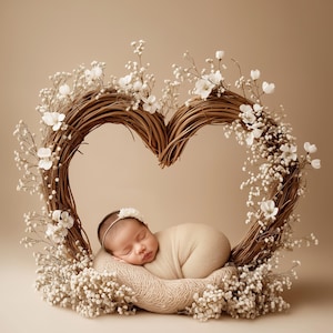 Peut inclure: Un nouveau-né endormi, enveloppé dans une couverture beige, repose dans une couronne en forme de cœur. La couronne est faite de branches tressées et ornée de fleurs blanches et de gypsophile. Le bébé porte un bandeau floral.