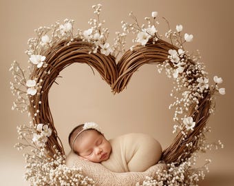 1 Baby Heart Nest Digital Backdrops, Floral Baby Backdrop, Newborn Overlays, Photoshop Background, Newborn Background, JPG