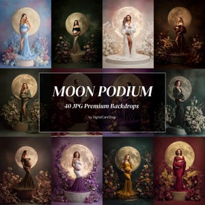 Könnte beinhalten: Eine Sammlung von Fotohintergründen für Schwangerschaftsfotos, die Frauen in eleganten Kleidern zeigen, die vor einem großen Mond posieren. Die Hintergründe umfassen Blumenarrangements und verschiedene Farbschemata, mit dem Text "MOON PODIUM" und "40 JPG Premium Backdrops".