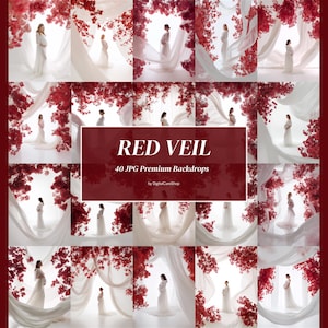 Könnte beinhalten: Eine Collage von Bildern, die eine schwangere Person in einem fließenden weißen Kleid vor einem Hintergrund aus roten Blumenarrangements und weißem Stoff zeigen. Der Text "RED VEIL" ist zu sehen, zusammen mit "40 JPG Premium Backdrops".