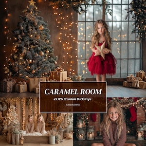 May include: A composite image featuring a Christmas tree with gold ornaments, wrapped gifts, and a young girl in a red dress holding a star. The image includes the text "CARAMEL ROOM" and "45 JPG Premium Backdrops".