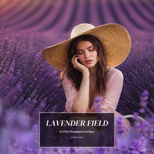 May include: A wide-brimmed straw hat worn by a person in a light pink top, set against a purple lavender field. A rectangular overlay displays the text LAVENDER FIELD, 45 PNG Premium Overlays, and the brand name DigitalCareShop in white font.