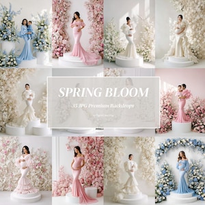 Peut inclure: Un collage de portraits de maternité mettant en scène des femmes en robes élégantes. Les images présentent une variété de robes dans des couleurs comme le bleu clair, le rose et le blanc, sur des fonds floraux. Le texte indique "SPRING BLOOM" et "35 JPG Premium Backdrops."