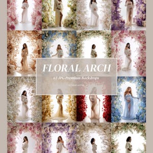 May include: A collection of 65 digital backdrops featuring various floral arches in diverse colors including pink, blue, white, and red. Each image displays a person in a long gown standing within the arch. The text reads FLORAL ARCH 65 JPG Premium Backdrops.