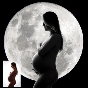 May include: A monochrome silhouette of a pregnant person set against a large, bright moon. The person is in profile, hands supporting the abdomen. The moon is detailed with craters, and the background is a deep black.