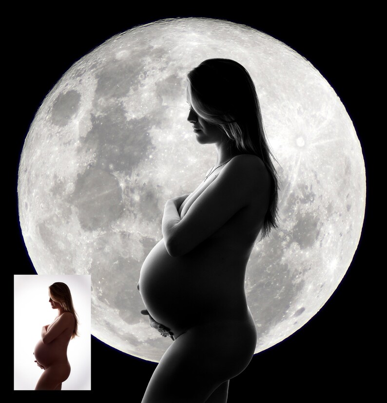 May include: A monochrome silhouette of a pregnant person set against a large, bright moon. The person is in profile, hands supporting the abdomen. The moon is detailed with craters, and the background is a deep black.