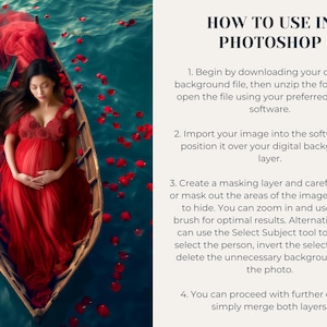 Puede incluir: Una mujer embarazada con un vestido rojo se sienta en un bote de madera flotando en un cuerpo de agua azul turquesa. P&eacute;talos de rosa roja est&aacute;n esparcidos en el agua. El texto "HOW TO USE IN PHOTOSHOP" est&aacute; en el lado derecho de la imagen.