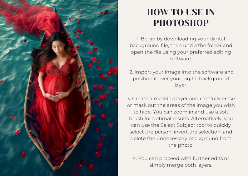 Puede incluir: Una mujer embarazada con un vestido rojo se sienta en un bote de madera flotando en un cuerpo de agua azul turquesa. P&eacute;talos de rosa roja est&aacute;n esparcidos en el agua. El texto "HOW TO USE IN PHOTOSHOP" est&aacute; en el lado derecho de la imagen.