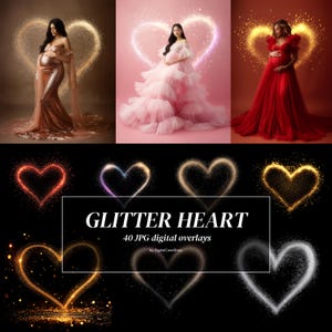 Könnte beinhalten: 40 digitale Überlagerungen von funkelnden Glitzerherzen in verschiedenen Farben, darunter Gold, Silber, Rot und Pink. Die Überlagerungen sind perfekt, um Fotos einen Hauch von Magie zu verleihen.