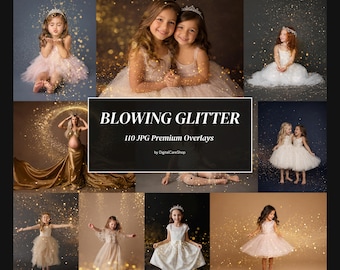 110 Blowing Gold Glitter Overlays, Sparkle Dust, Bokeh Effects, Photoshop Photo Overlay JPG
