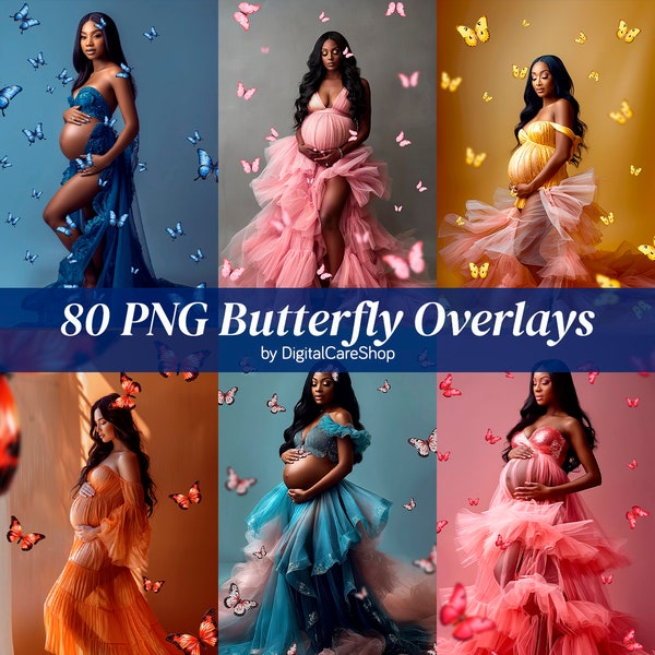 80 PNG Butterfly Overlay Maternity Digital Backdrop Flying Butterflies PNG Transparent Files Realistic Butterfly Overlays Spring Photoshop