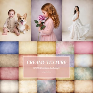 Pode incluir: Uma coleção de 80 fundos digitais para fotografia com várias texturas cremosas e cores. A imagem mostra exemplos com um bebé e um cão, uma criança com uma rosa e uma pessoa grávida, com o texto CREAMY TEXTURE.