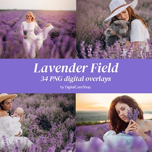 Peut inclure: Une collection de 34 superpositions numériques avec des images d'un champ de lavande. Les superpositions sont au format PNG et peuvent être utilisées pour ajouter une touche de beauté de lavande à vos photos.