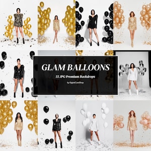 55 Glam Birthday Digital Backdrops – Black & Gold Balloons, Party Studio Photography JPG
